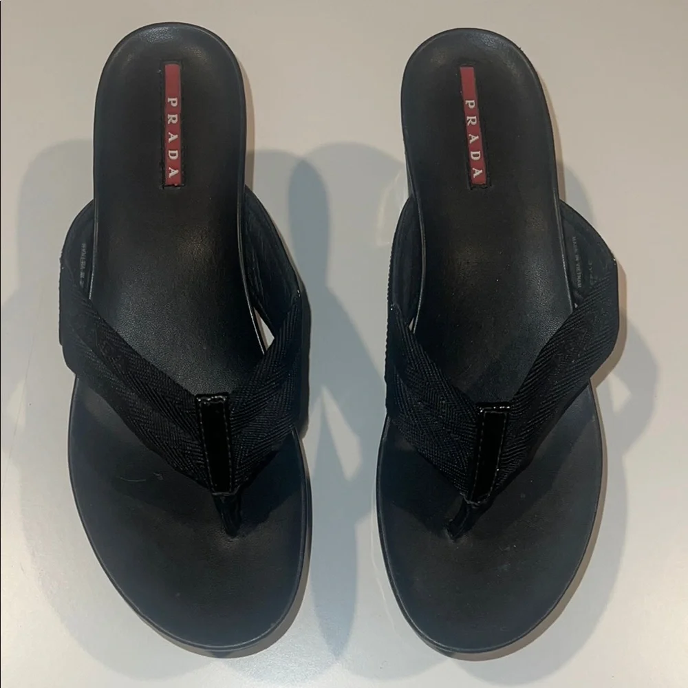 Prada Black Wedge Flip-Flip flop sandal size 38 new! No box - Picture 2 of 8